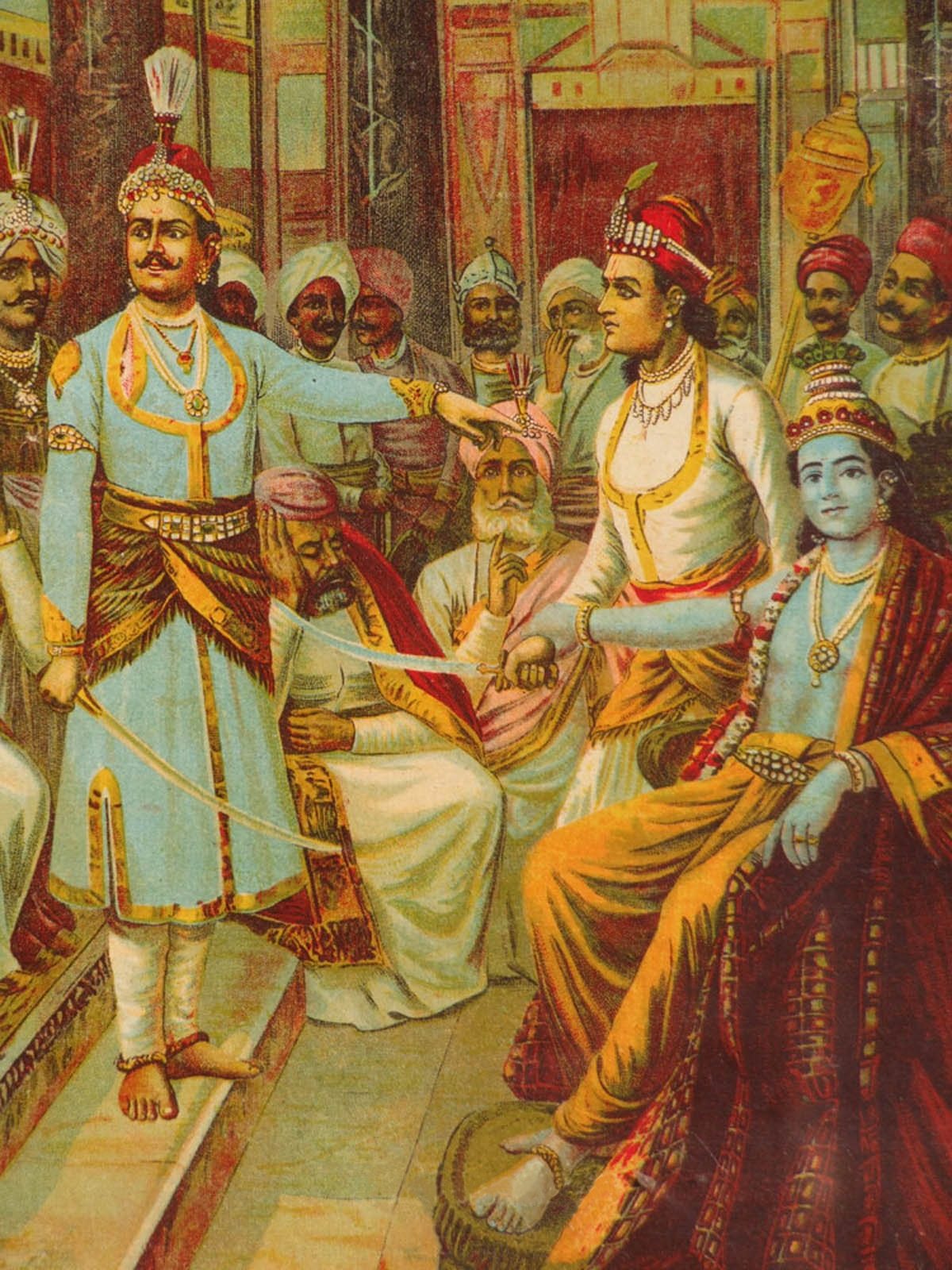 Raja Ravi Varma's Krishna as Envoy: Krishna addresses an assembly of rulers at the Kaurava court