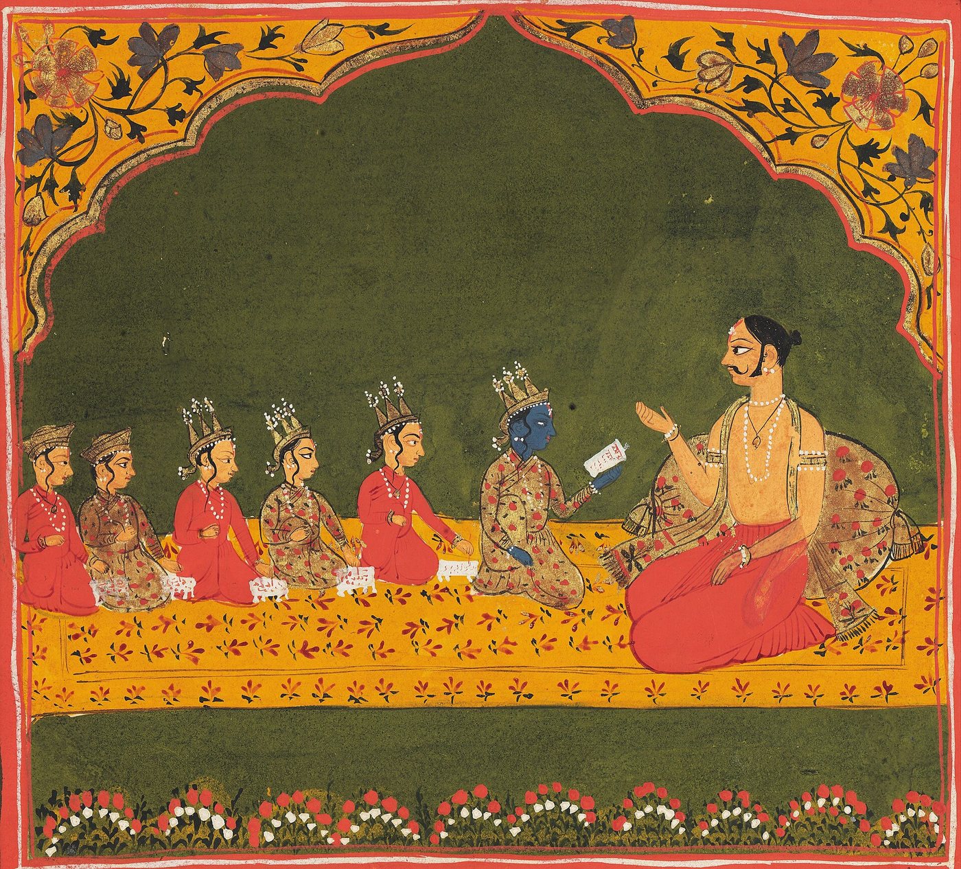 Bikaner painting of Rama and his brothers seated before Sage Vashishtha in his gurukula, holding manuscripts