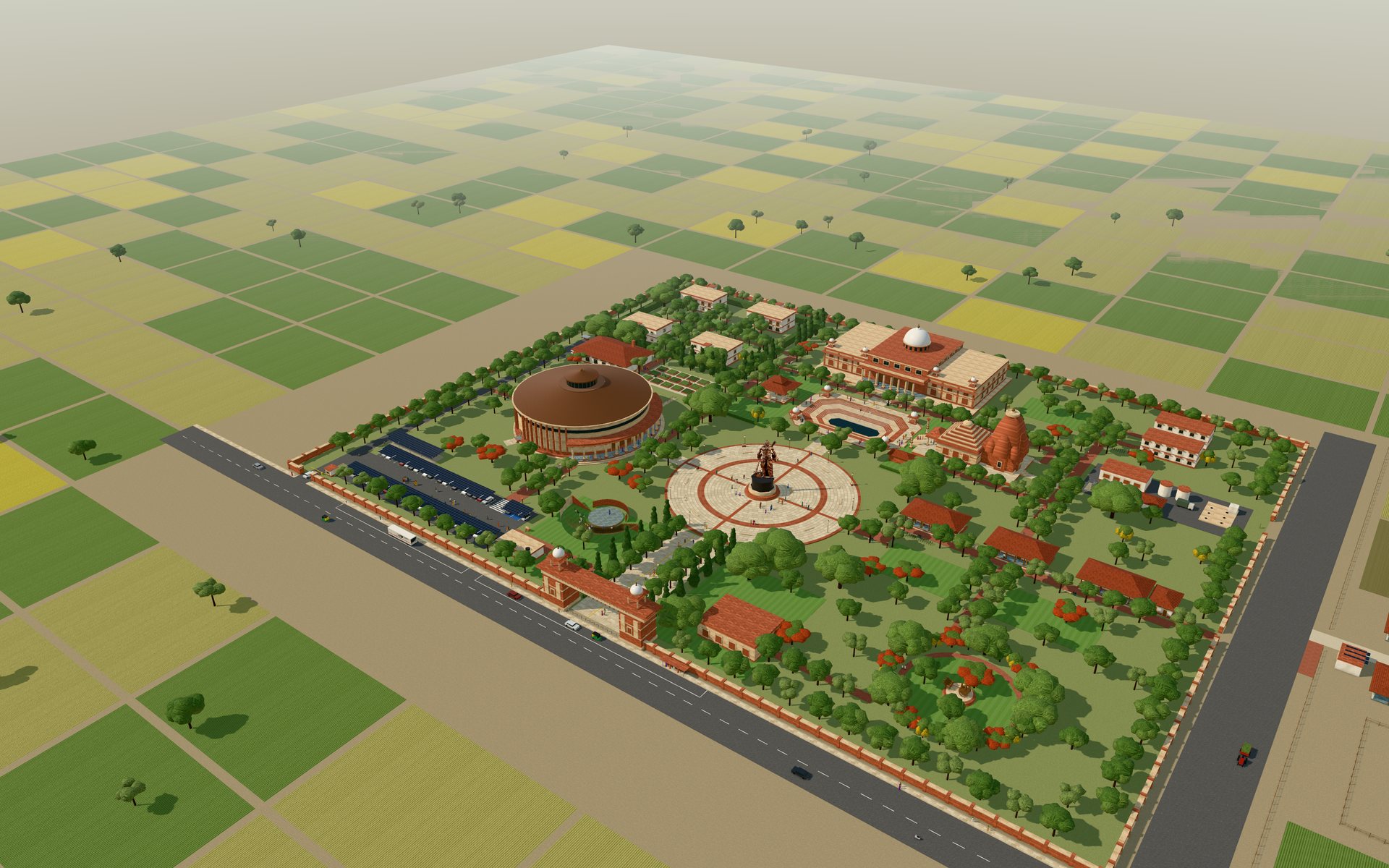 Aerial view of the planned campus at Kurukshetra from the Council's 3D model: a central plaza, the Assembly Hall, the Great Library and the farm beyond