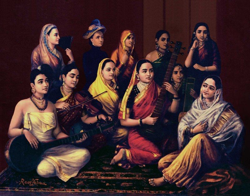 Raja Ravi Varma's Galaxy of Musicians: women from many regions of India, each with her own instrument and dress