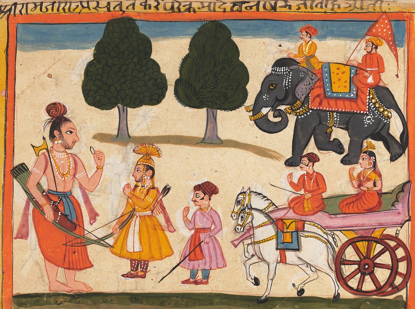 Mewar painting of Rama bowing before Parashurama, with an elephant and chariot behind