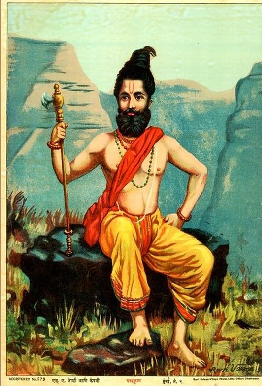 Raja Ravi Varma's Parashurama: the sage-warrior seated on a rock in a mountain landscape, his axe at his side