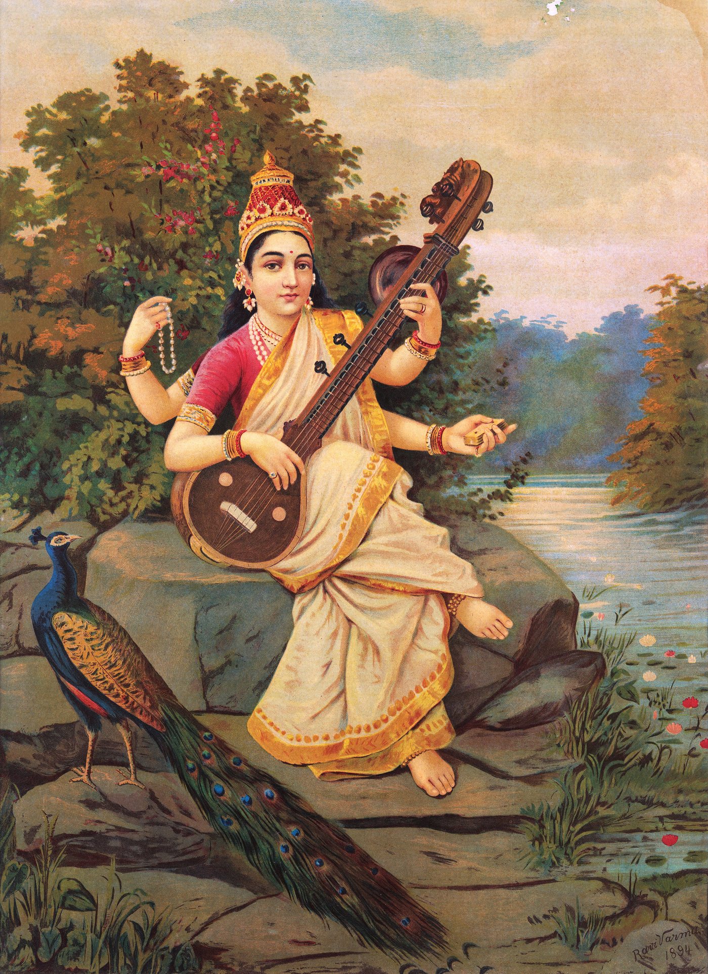 Raja Ravi Varma's painting of Saraswati, goddess of knowledge, seated by a river with a veena