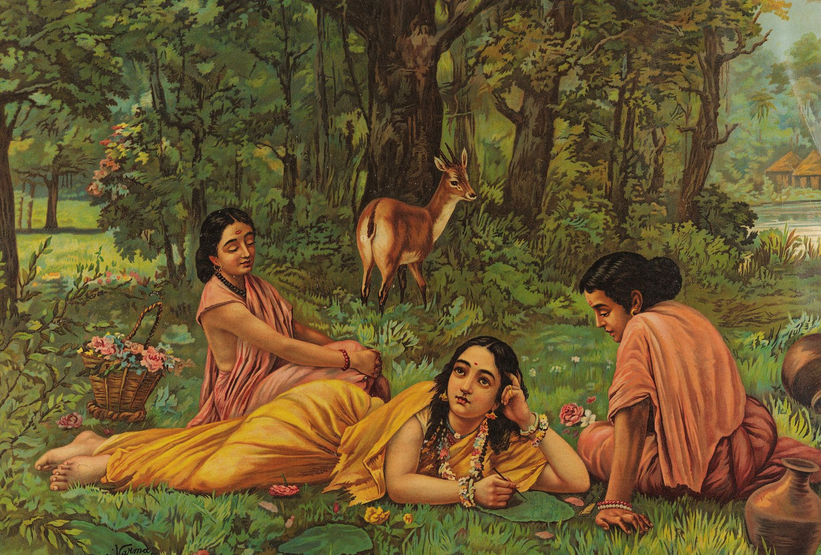 Raja Ravi Varma's Shakuntala writing a letter, with her companions in a forest